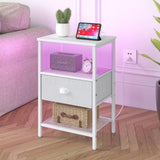 Sthmec Nightstands Set of 2, LED Bedside Tables with Charging Station and Fabric Drawer, Night Stand with Storage, 3 Tier Side Table with Open Shelf, LED Nightstand with Charging Station, White WoodArtSupply