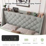 Feonase Queen Size Bed Frame with 4 Storage Drawers, Upholstered Storage Bed with Charging Station, Tufted Wingback Storage Headboard, No Box Spring Needed, Light Grey, FEO737 Feonase
