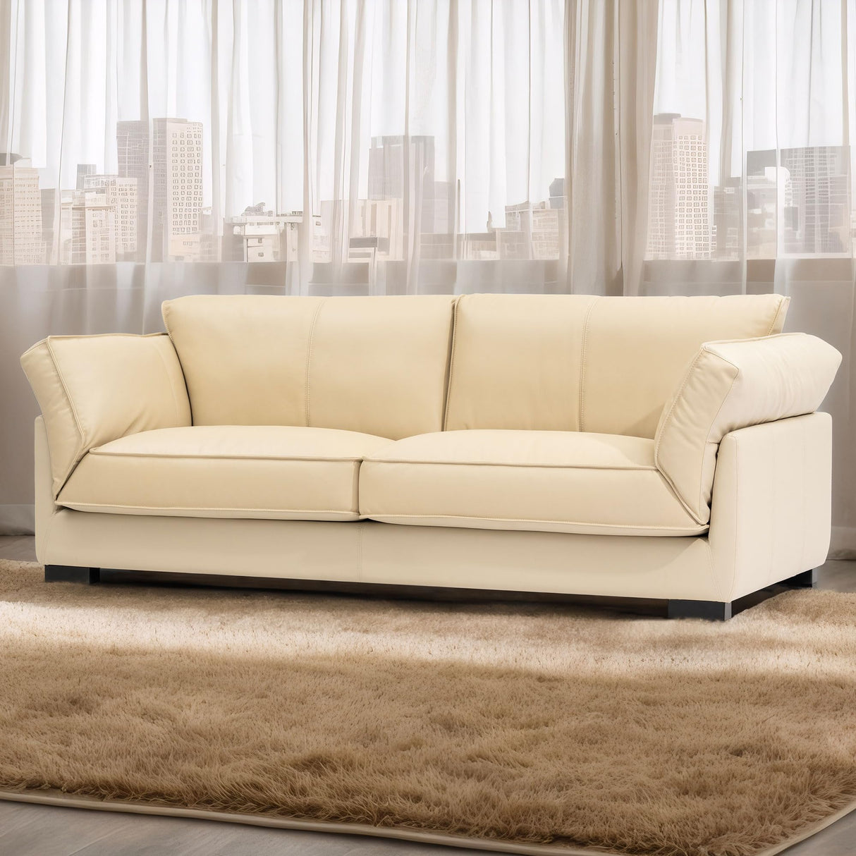 Olodumare 87’’ Genuine Leather Sofa for Living Room, Luxurious Top-Grain Leather Comfy Couch with Overstuffed Cushions, Mid-Century Modern Feather Filled Cushions Furniture, Cream Beige Olodumare