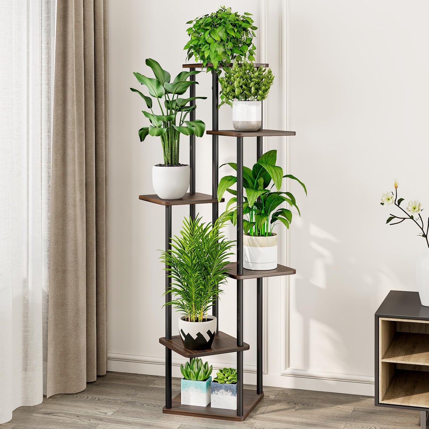 AZERPIAN Plant Stand 6 Tier Indoor Metal Flower Shelf for Multiple Plants Corner Tall Flower Holders for Patio Garden Living Room Balcony Bedroom, Black Oak - WoodArtSupply