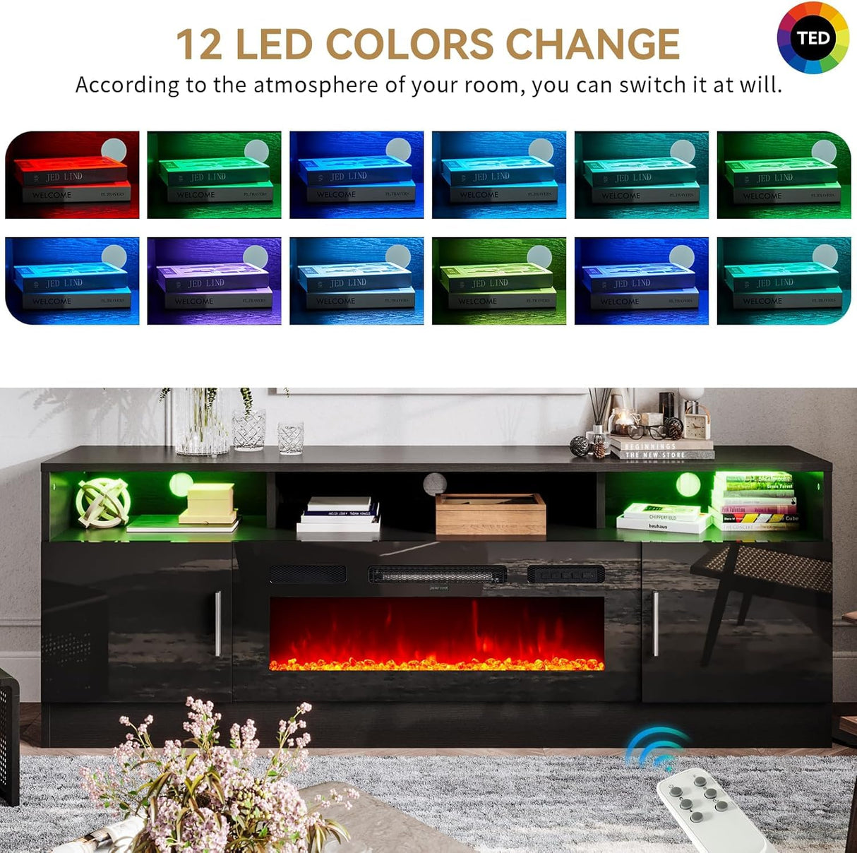 oneinmil 70" Fireplace TV Stand with Power Outlet for TVs Up to 80", Electric Fireplace Entertainment Center with LED Lights & Storage Cabinets, Media Console Table for Living Room, Black oneinmil