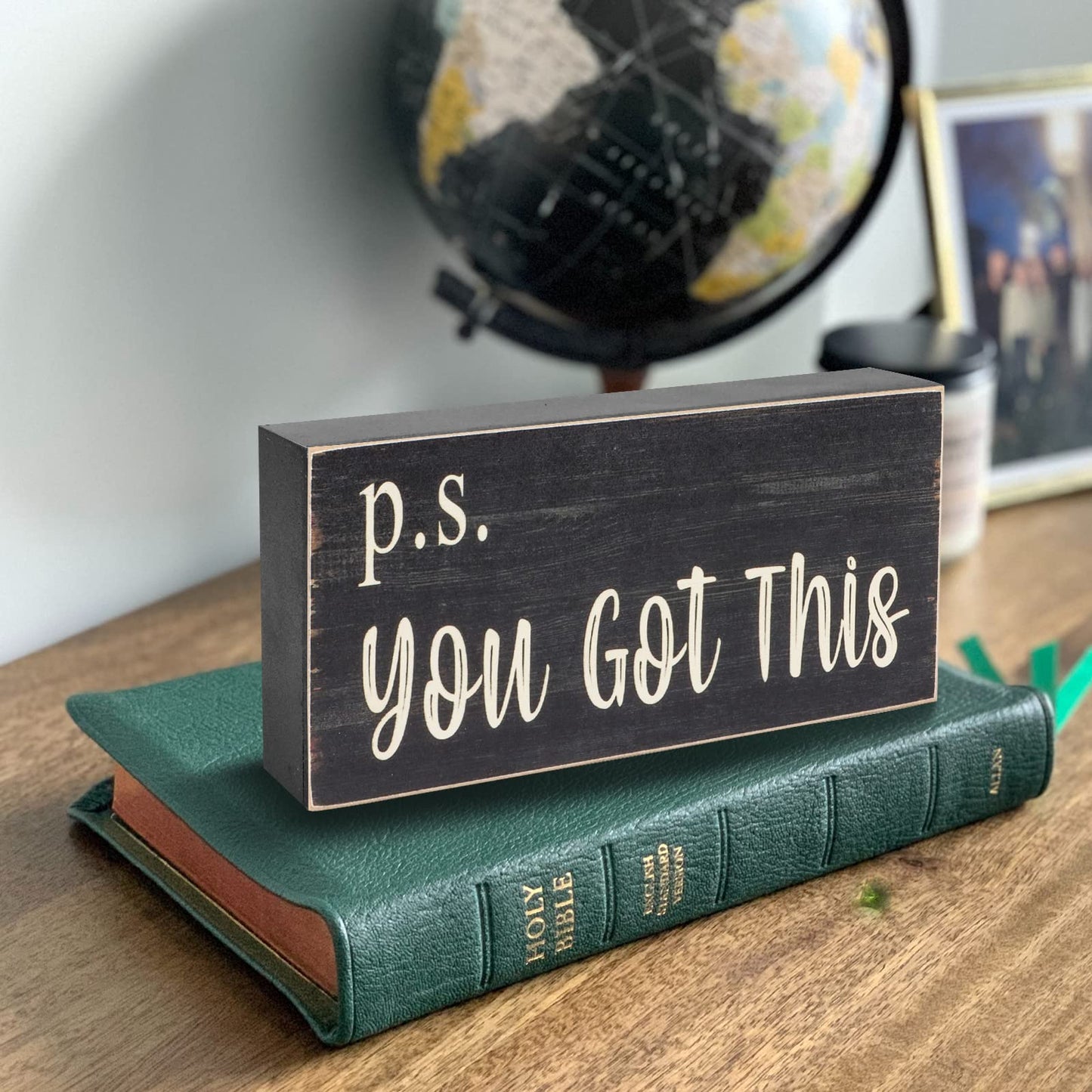 Esur Motivational Home Office Desk Black Decor - Farmhouse Wooden Box Sign Gift for Women - P.S. You Got This - WoodArtSupply