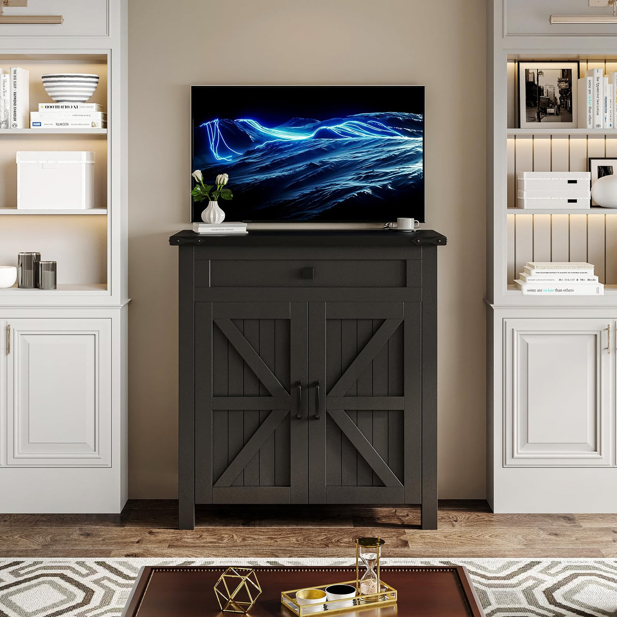 Saudism 20 Gallon Aquarium Stand With Charging Station, Farmhouse Fish Tank Stand, Reptile Tank Stand Terrarium Stand with Drawer and Cabinet Storage, Sturdy Heavy Duty 27.6"×15.7" Tabletop - Black Saudism