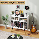 LABROSKIA Record Player Stand with Vinyl Storage: White Wooden Cabinet for Turntable, Modern Media Console, Stereo LP Holder, Album Display Shelf with USB and Outlet (White) LABROSKIA