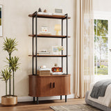 71" Tall Fluted Bookshelf with Sliding Tambour Doors, 4-Tier Mid Century Modern Metal Bookcase Cabinet w/Open Display Storage Shelf, Display Cabinet for Office, Living Room Walnut ComfyCorner