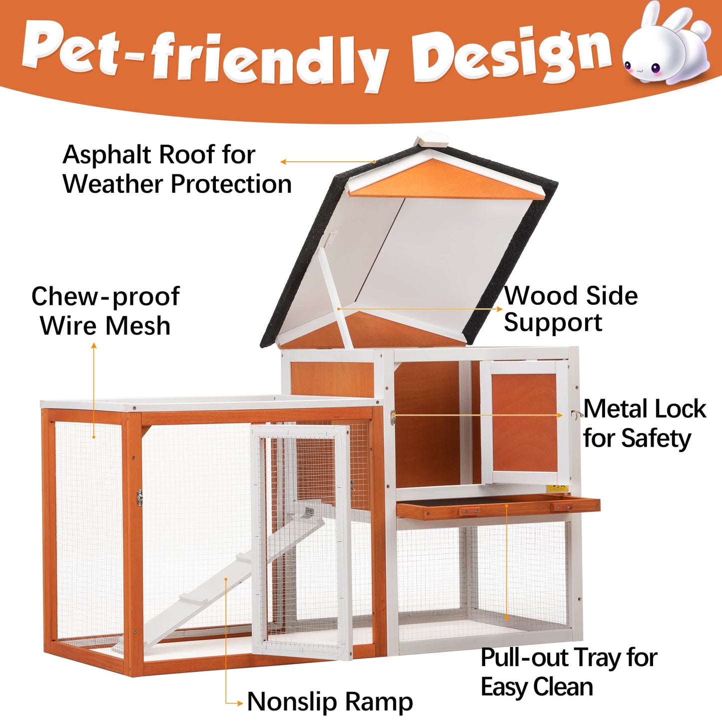 Rabbit Hutch Indoor Bunny Cage Outdoor Wooden Chicken Coop Small Animal Enclosure with Pull Out Tray & Weatherproof Asphalt Roof,48" L x 24" W x 35" H Orange