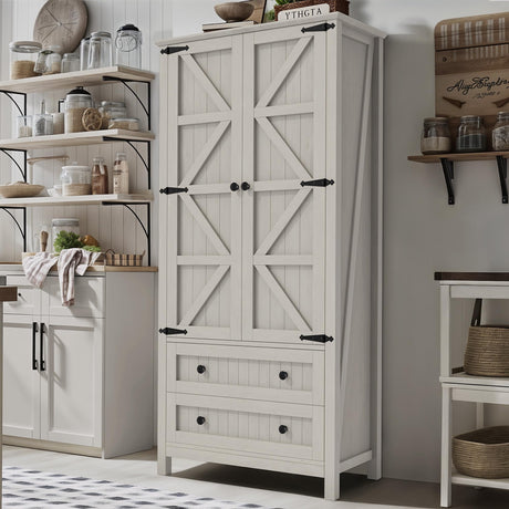 DWVO Farmhouse Kitchen Pantry Cabinet, 64.5" Tall Storage Cabinet with 2 Drawers and Adjustable Shelves, Versatile Storage for Living Room, Dining Room or Hallway, White DWVO