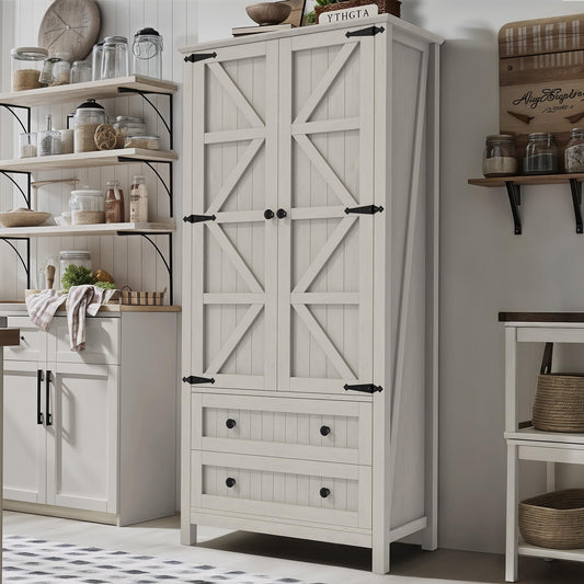 DWVO Farmhouse Kitchen Pantry Cabinet, 64.5" Tall Storage Cabinet with 2 Drawers and Adjustable Shelves, Versatile Storage for Living Room, Dining Room or Hallway, White