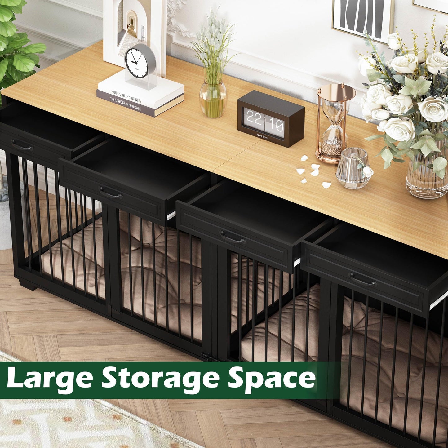 DAWNSPACES Extra Large Dog Crate Furniture, 93 Inch Heavy Duty Wooden Dog Kennel with Drawers & Removable Divider, Indoor Furniture Style Luxury Double Rooms Dog House for XL Large Dogs, Blac - WoodArtSupply