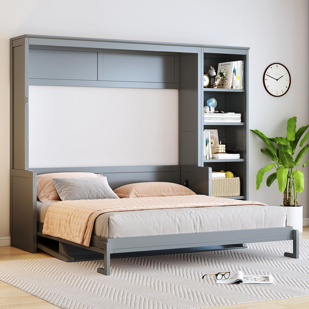 Merax Queen Size Murphy Bed with Desk and Bookshelf, Space-Saving Design Foldable Wall Bed, Fold into The Wall, Pine Wood Platform Bed Frame for Small Spaces Studio Study Office Guest Room, Gray Merax