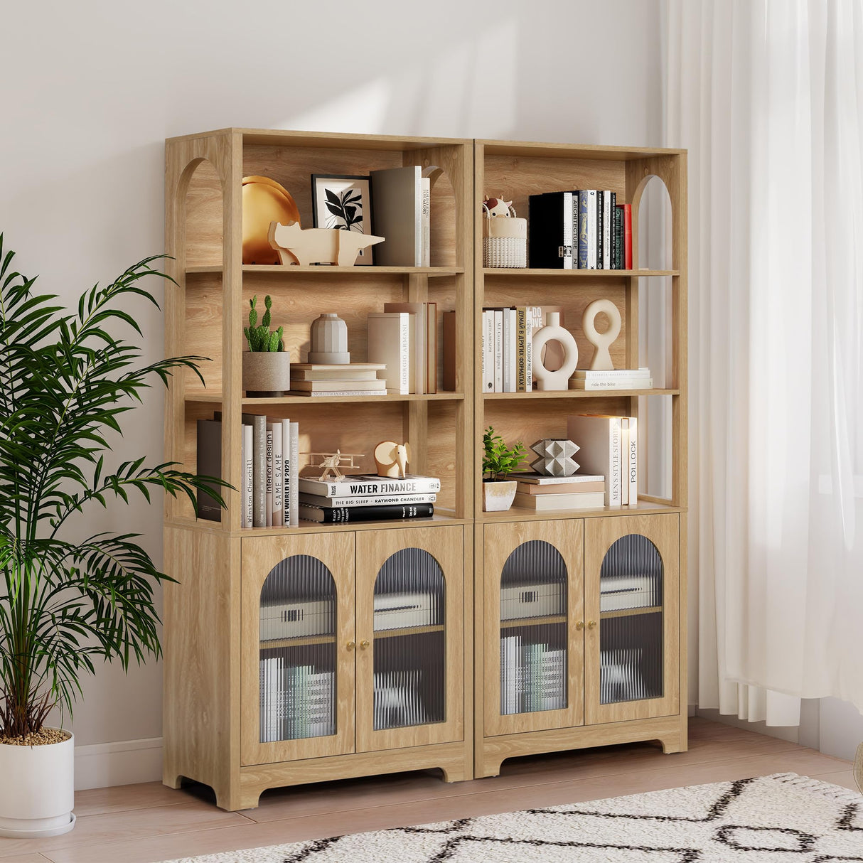 RARZOE Set of 2 Bookshelves and Bookcases, 5-Tier Arched Bookshelf with Glass Doors, Floor Standing 5 Shelf Book case, Wood Display Cabinet Storage Organizer for Living Room, Bedroom, Office(Natural) RARZOE