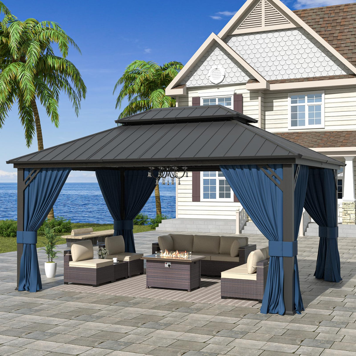 Kurapika 12' x 16' Hardtop Outdoor Metal Gazebo with Galvanized Steel Double Roof Canopy, Curtain and Netting, Aluminum Permanent Pavilion Gazebo, Navy Blue Kurapika