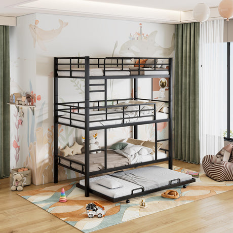 Triple Bunk Bed with Trundle Guardrail & Ladder Twin Size Metal, No Box Spring Needed, Easy Assemble Merax