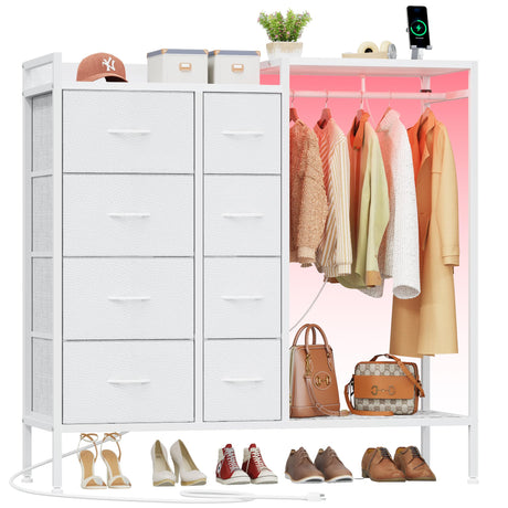 HIGDBFE Dresser with Hanging Rack, 8-Drawer Dresser for Bedroom with Charging Station & LED Lights, White Kids Dresser with Clothes Rack&Shoe Rack, Chest of Fabric Drawers for Bedroom, White HIGDBFE