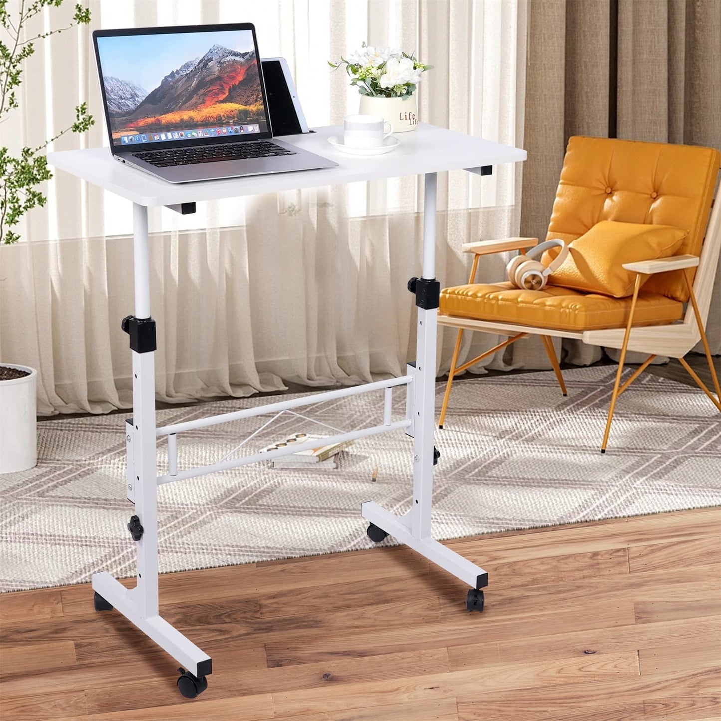 KLSMYHOKI Standing Desk Adjustable Height, Mobile Stand Up Desk with Wheels Small Computer Desk Rolling Desk, Portable Laptop Desk White Standing Table Home Office Desks 16"x31.5" Height 27"- - WoodArtSupply