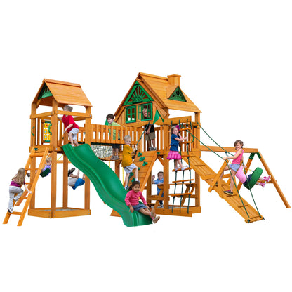 Gorilla Playsets 01-0055-AP Pioneer Peak Treehouse Wooden Swing Set with Amber Posts, Tire Swing, Slide and Tower with Clatter Bridge, Brown