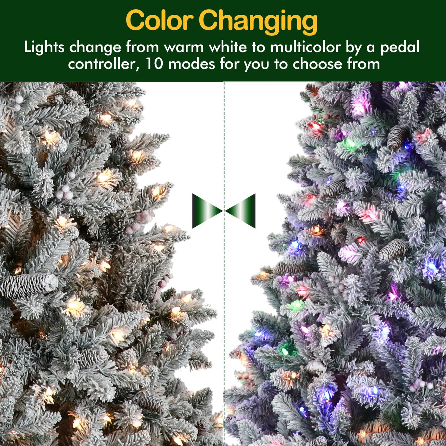 Hykolity 6.5 ft Prelit Snow Flocked Christmas Tree, Artificial Christmas Pine Tree with 250 Multicolor LED Lights, 1032 Tips, Metal Stand and Hinged Branches, 10 Colors