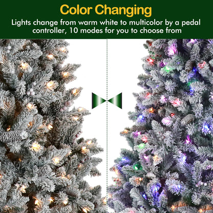 Hykolity 7.5 ft Prelit Snow Flocked Christmas Tree, Artificial Christmas Tree with Pine Cones and Berries, 450 Color Changing LED Lights, 1446 Branch Tips, Metal Stand and Hinged Branches, 10 Colors