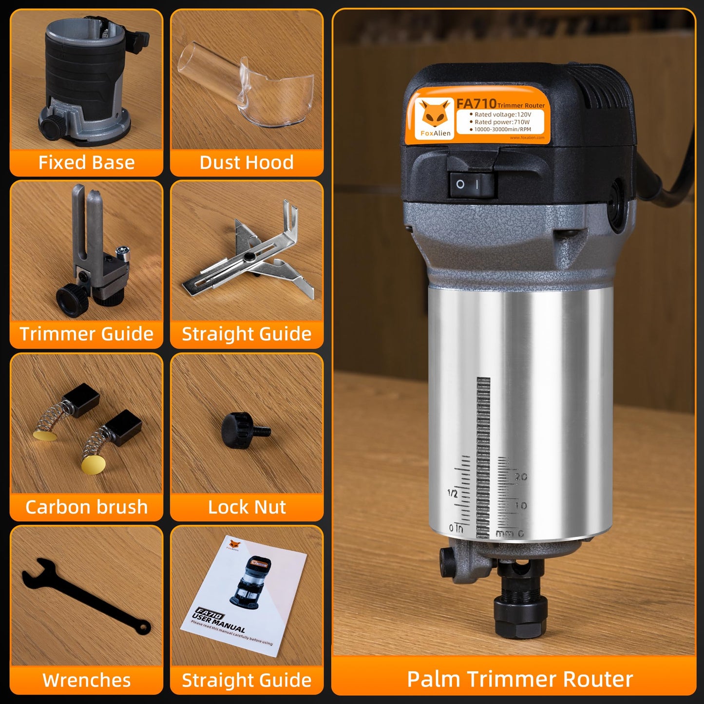 FoxAlien 1HP 710W 65mm Diameter Compact Palm Router for CNC Woodworking,6 Variable Speeds Max 30000 R/MIN Wood Trimmer with 1/4” Collect (110V) - WoodArtSupply