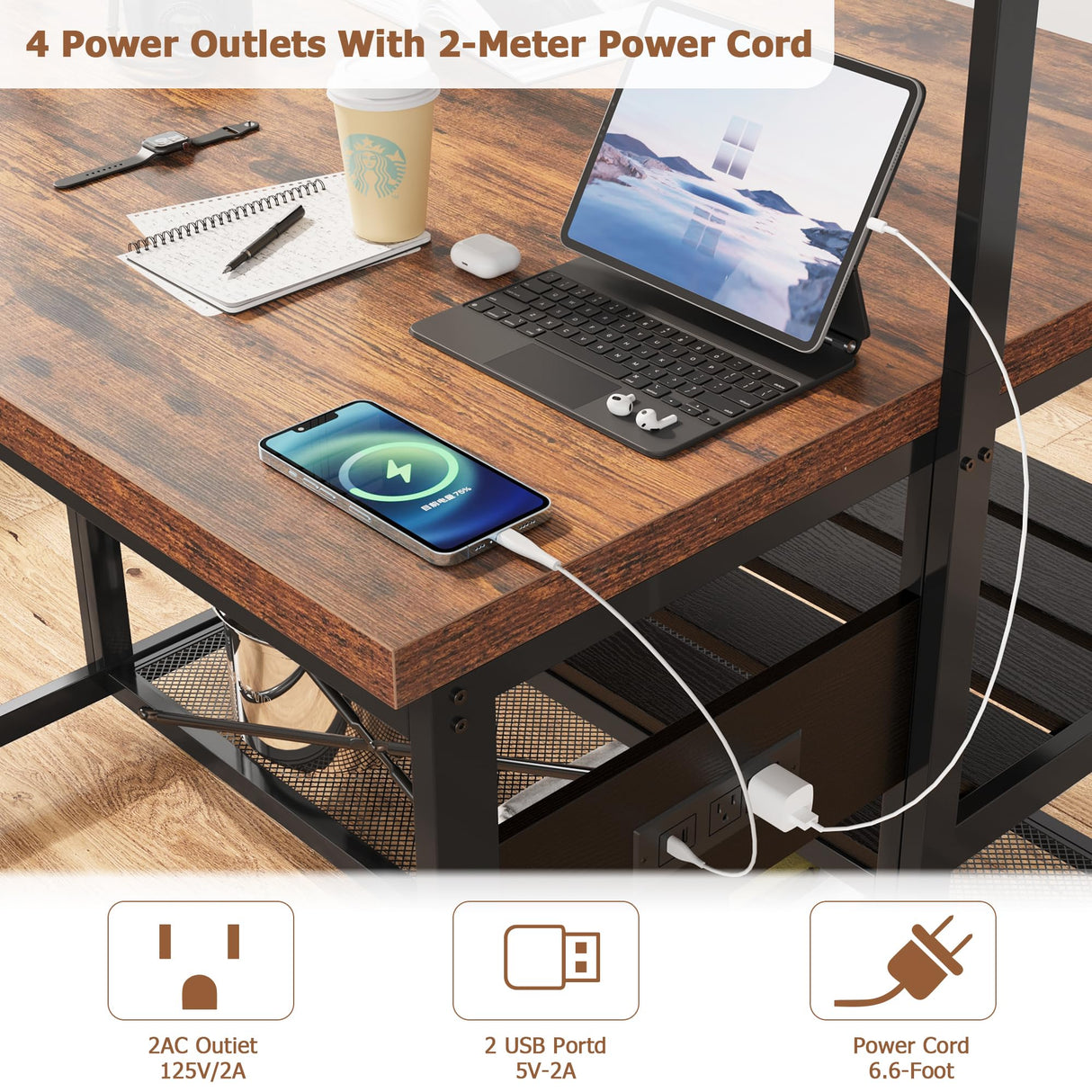 Kitchen Island with Storage, Bakers Rack with Power Outlet, Island Table for Kitchen,3 Tier Microwave Stand Oven Shelf,Large Coffee Bar Table, Storage Shelf for Kitchen Dining Room Living Room,5 Hooks GAOMON