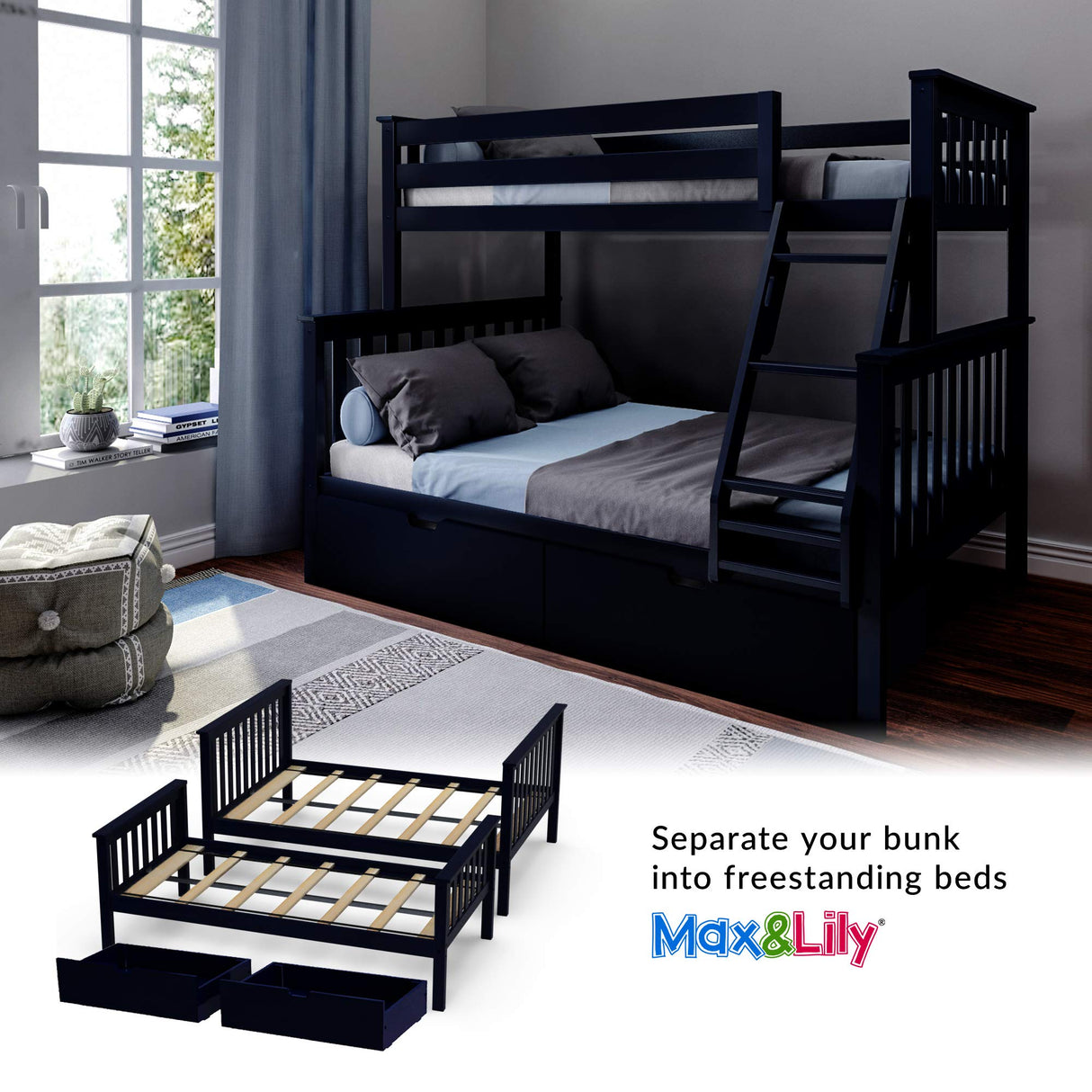 Max & Lily Bunk Bed, Twin-Over-Full Wood Bed Frame for Kids with Storage Drawers, Blue Max & Lily