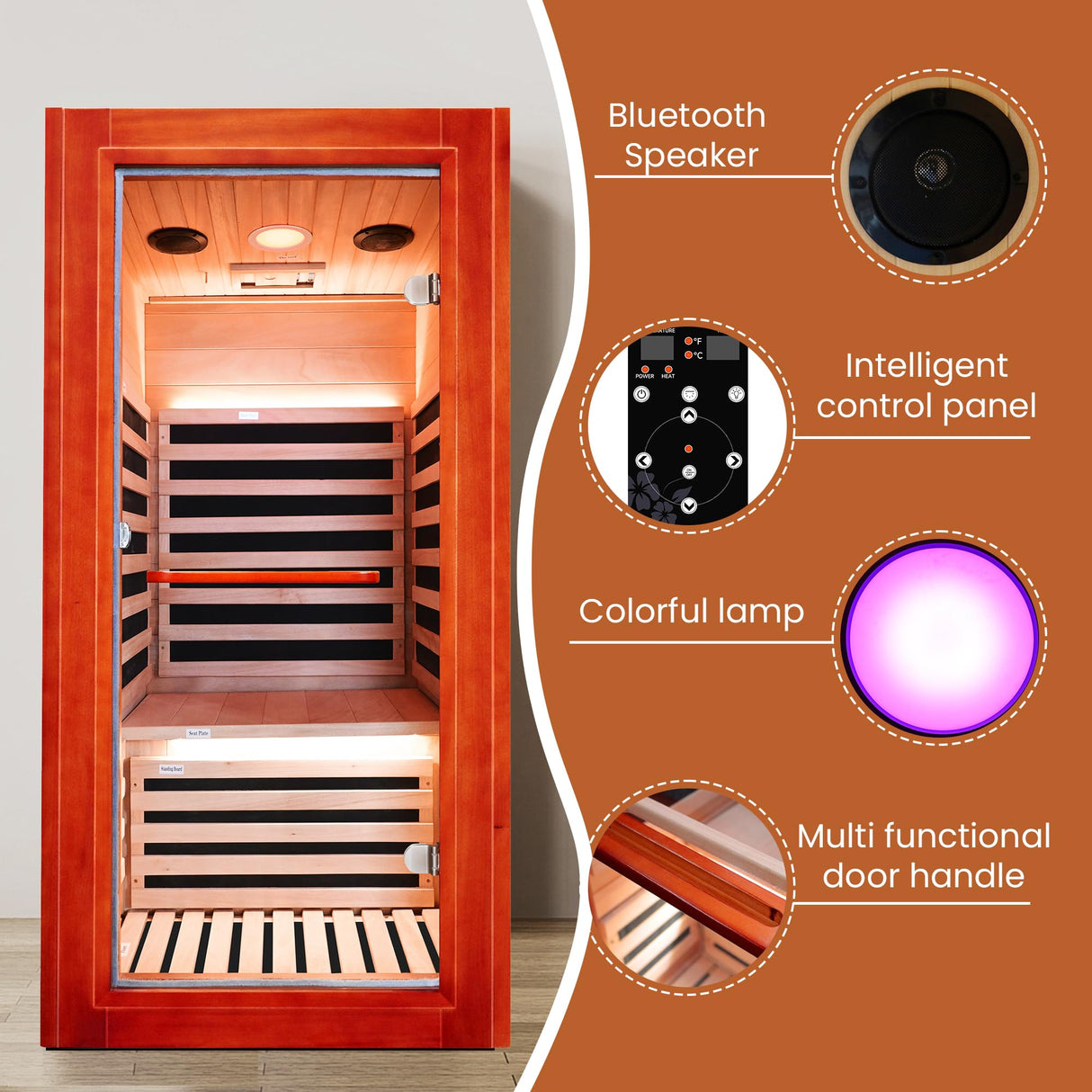 Infrared Sauna for Home Indoor Sauna Wooden Dry Sauna Room Low EMF 1020W for 1 Person with Control Panel, Bluetooth Speaker, Reading Lamp ToTibuy