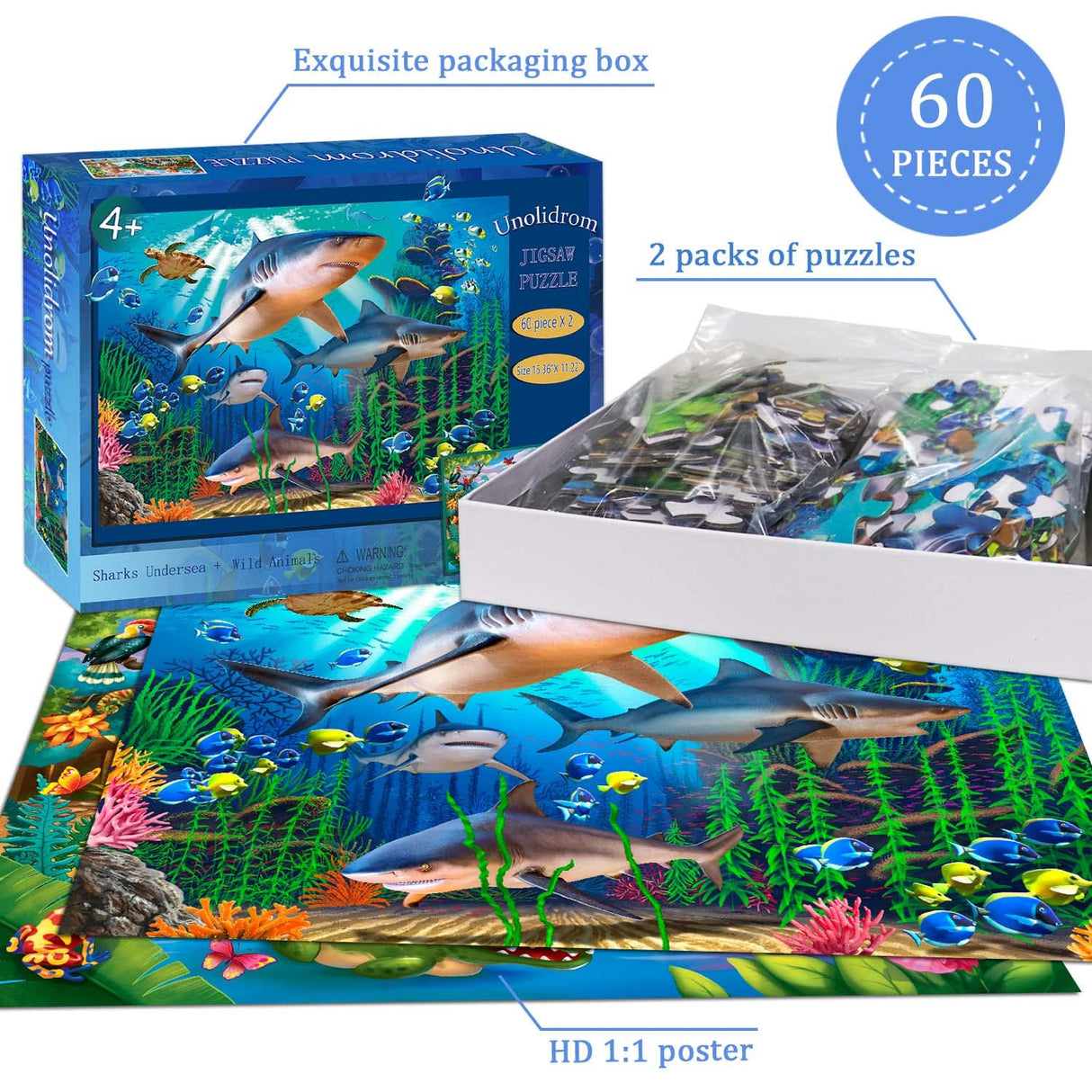 Puzzles for Kids Ages 4-8 – 2 x 60 Pieces Puzzles for Kids Ages 3-5 6-8 – Toy for Learning Ocean & Forest Animals – Educational Toys for Boy and Girl (2 Packs) Unolidrom