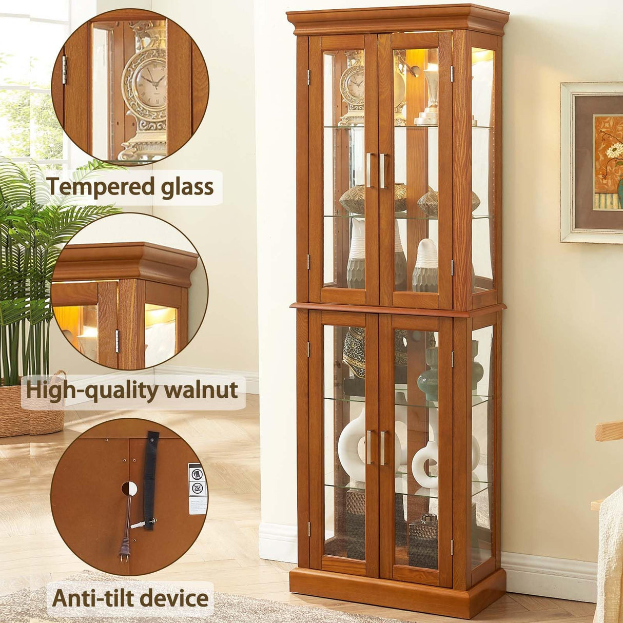 Firscook Curio Cabinet Wooden Display Cabinet,Curio Cabinet with Adjustable Glass Shelves Vintage, Lighted Curio Diapaly Cabinet,Vintage Accent Storage Cabinet with 6 Shelves,70" Curio Cabinet(Oak) Firscook