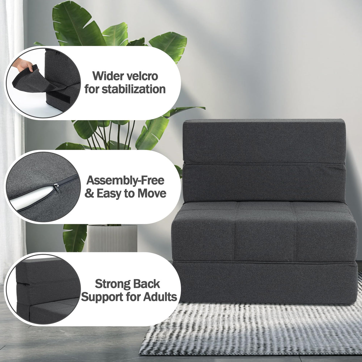 CATMIX Folding Sofa Bed, 7 inch Memory Foam Floor Couch, Convertible Sleeper Foldable Mattress Futon Sofa for Living Room/Home Office/Guest Beds/Apartment/Upstairs Loft (Dark Gray, Single) CATMIX