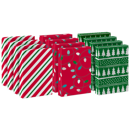 Hallmark Medium Christmas Gift Boxes with Lids (12 Shirt Boxes, 3 Designs: Lights, Trees, Red and Green Stripes) for Christmas, Holiday Parties, Hostess Gifts Hallmark