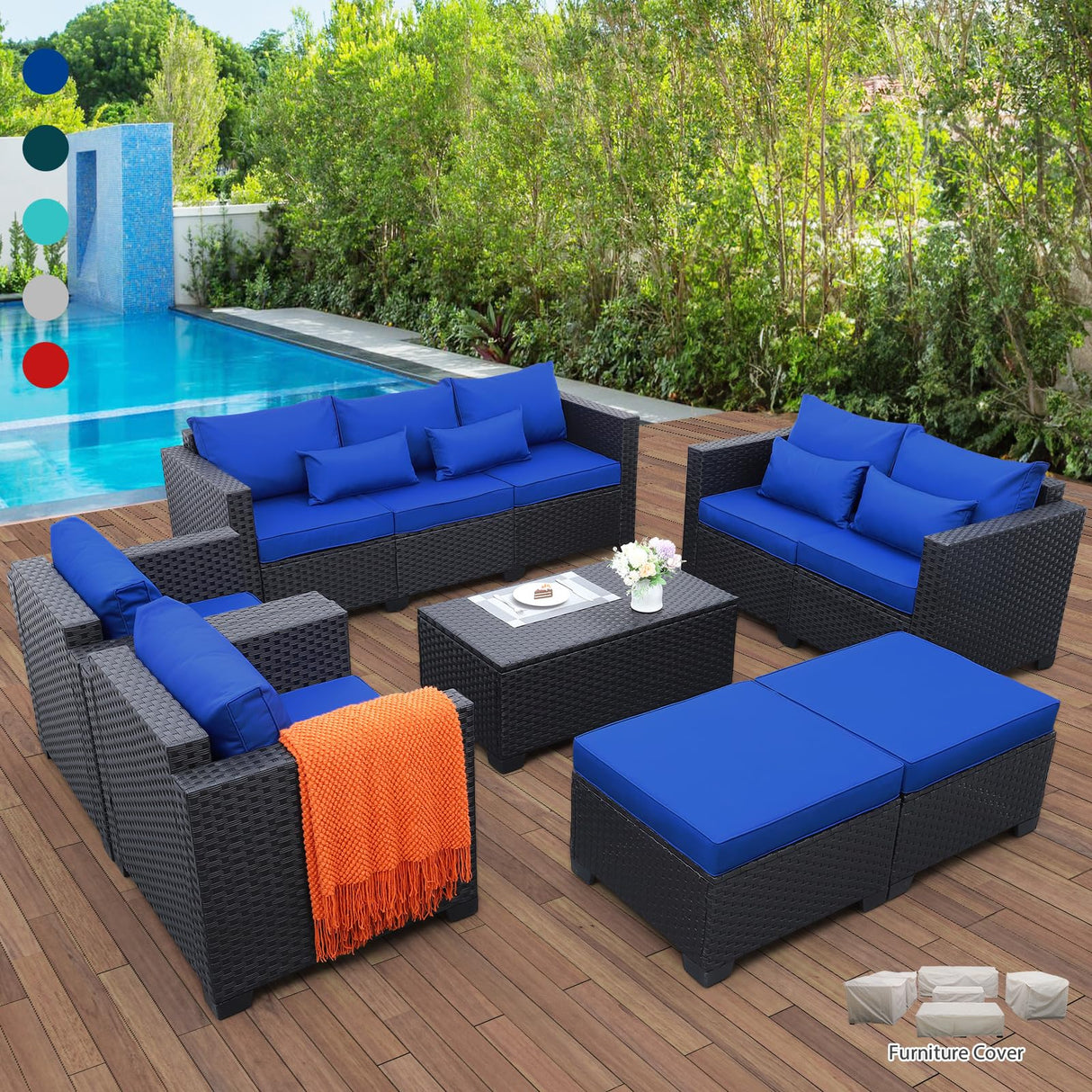 Patio Wicker Furniture Set 7 Pieces Outdoor Black Rattan Conversation Seat Couch Sofa Chair Set with Royal Blue Cushion and Furniture Covers Rattaner