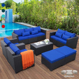 Patio Wicker Furniture Set 7 Pieces Outdoor Black Rattan Conversation Seat Couch Sofa Chair Set with Royal Blue Cushion and Furniture Covers Rattaner