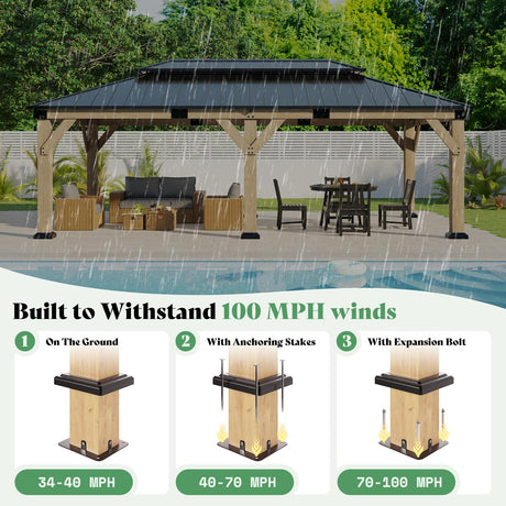 AMERLIFE 12x20 ft Hardtop Gazebo, Spruce Wood Gazebo with Iron Double Roof, Outdoor Pergola with Wood Frame for Garden, Porch, Patio, Charcoal Gray + Brown Gray AMERLIFE