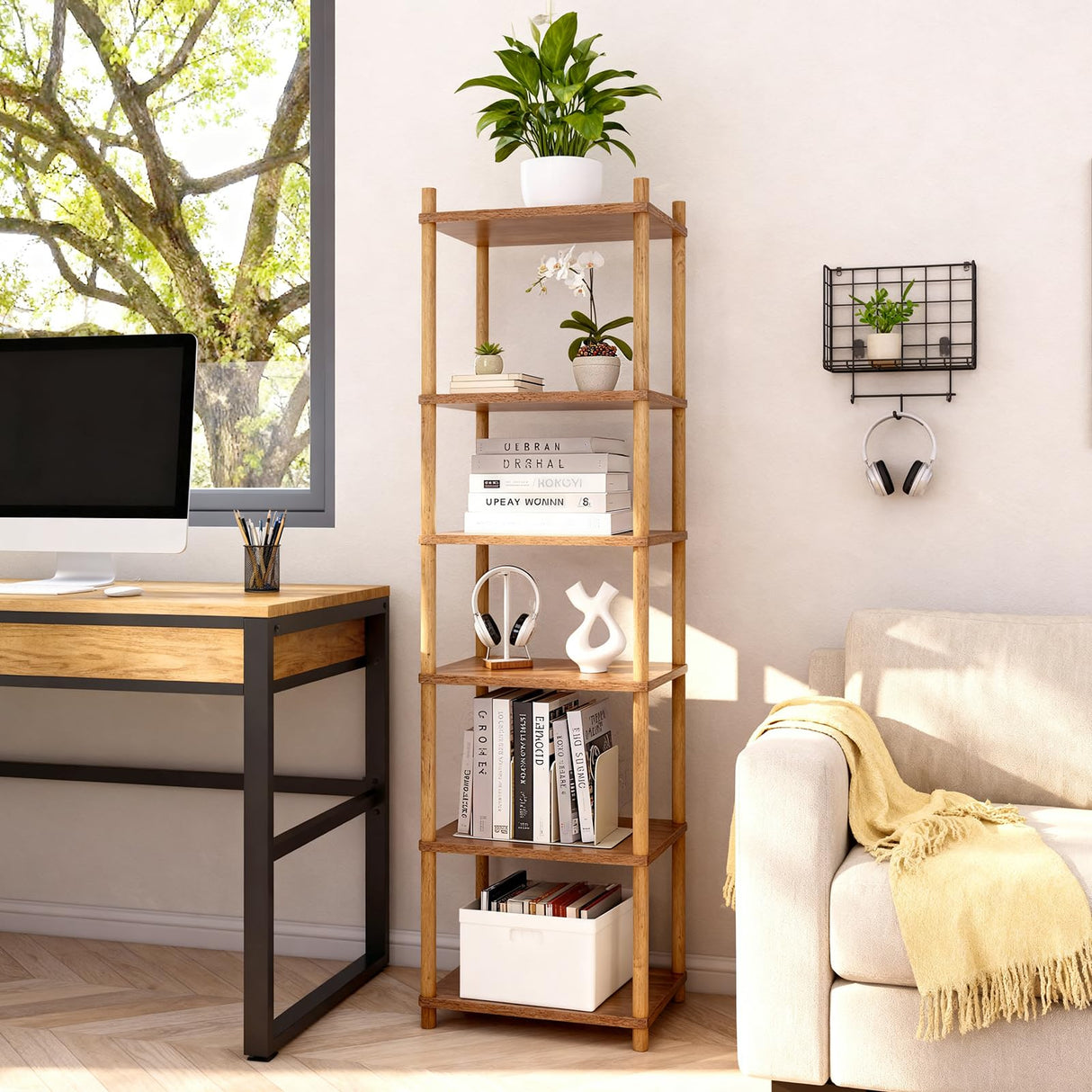 YGYQZ Bookshelf, 6-Tier High Vertical Book Shelf with Large Capacity, DIY Stackable Wooden and Metal Bookshelf Organizer, Suitable for Living Rooms, Offices, Bedrooms, and Studies YGYQZ