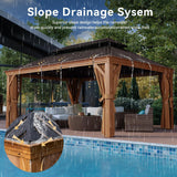 Aoxun Hardtop Gazebo, 12 x 16ft Wooden Finish Coated Aluminum Frame Canopy, Galvanized Steel Double Top, Outdoor Permanent Metal Pavilion with Curtains and Netting, for Backyard, Patio and Deck Aoxun