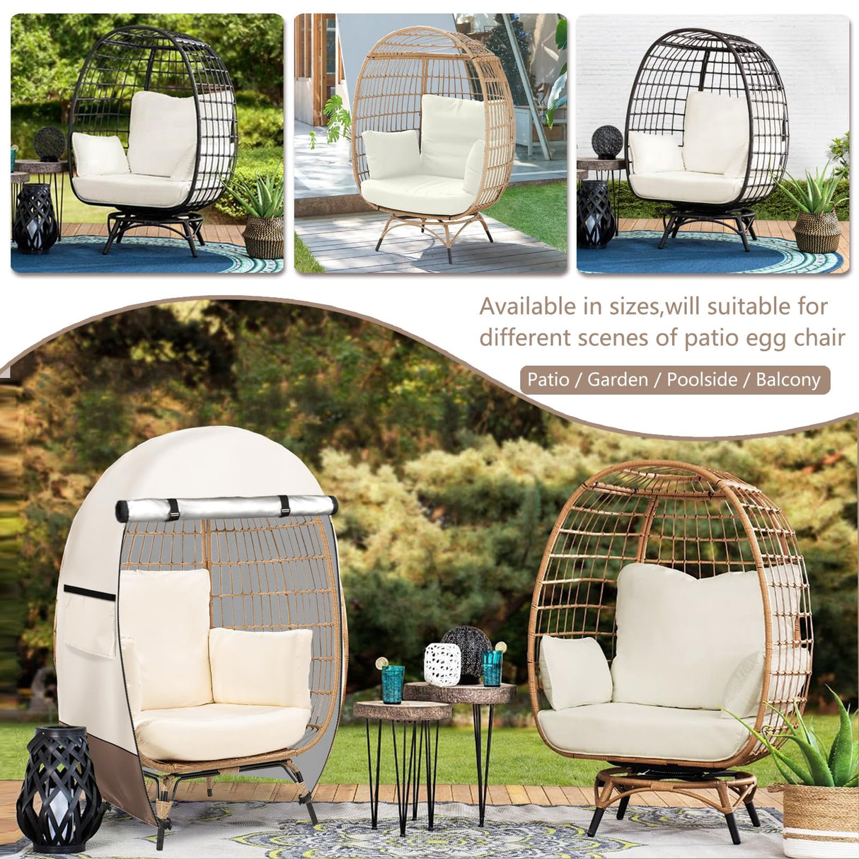 okcool Outdoor Egg Chair Cover,Waterproof Egg Chair Cover with Zipper for Wicker Patio Basket Chair(Beige & Brown,Fits 43" L *25" W*55.1" H Egg Chair) okcool