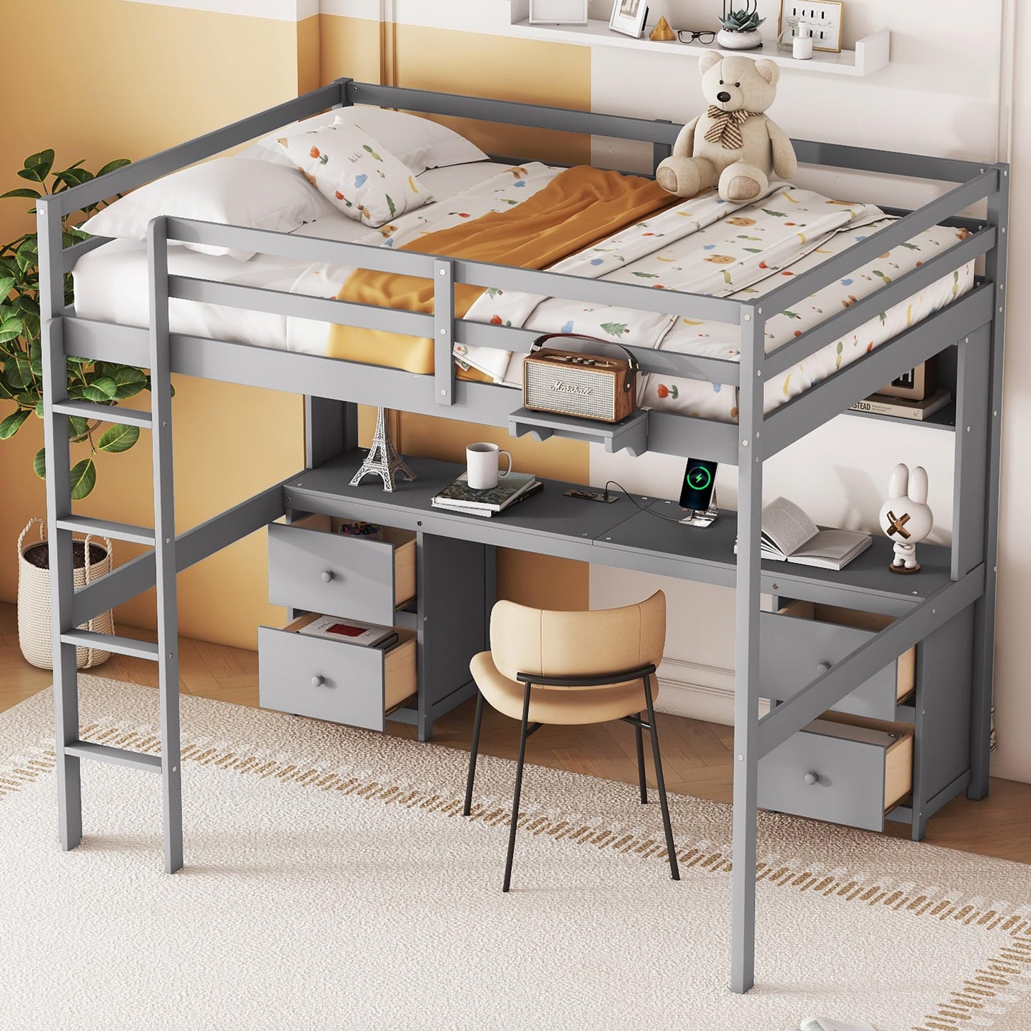 Full Size Loft Bed with Desk, Storage, Charging Station and Safety Features in Grey - WoodArtSupply