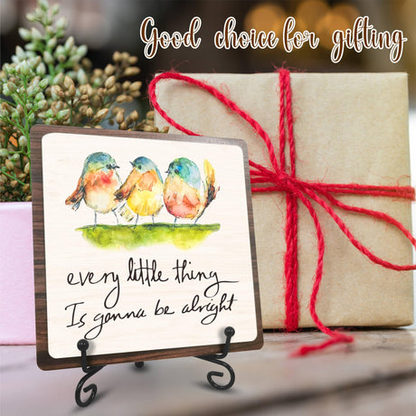 5" Wooden Sign Gift With Iron Stand-Every Little Thing Is Gonna Be Alright - Watercolor Adorable Birds, Positive Reminder,Office & Home motivational wood plaque, Desk Decor & Accessories- A08 Nuckxy