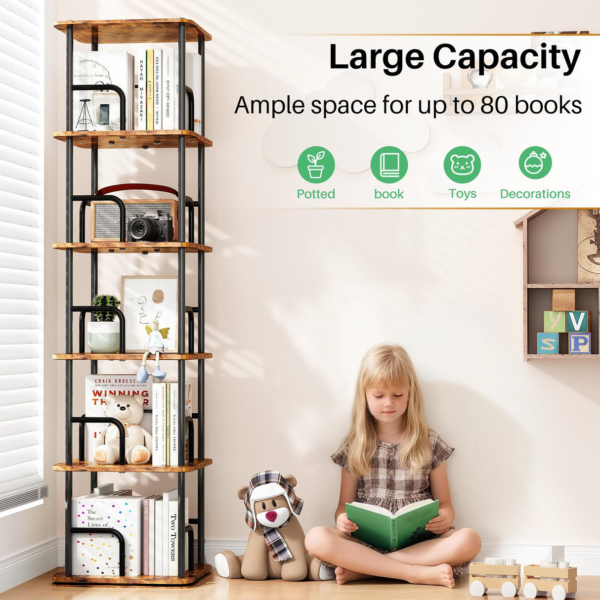 Branwick Rotating Bookshelf 5 Tier 360° Accessibility, Revolving Bookcase Spinning Bookshelf Tower, Wood Narrow Space Saving Book Shelf Organizer for Bedroom, Living Room, Study Room Branwick