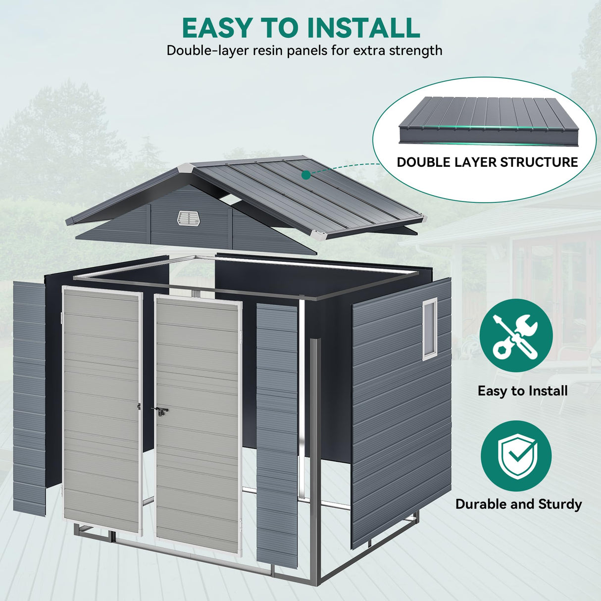 YITAHOME 8x6.2FT Outdoor Storage Shed w/o Floor, All-Weather Plastic Shed with Lockable Doors, Window & Vents, Plastic Tool Shed for Backyard, Patio, Poolside, Lawn, Gray YITAHOME