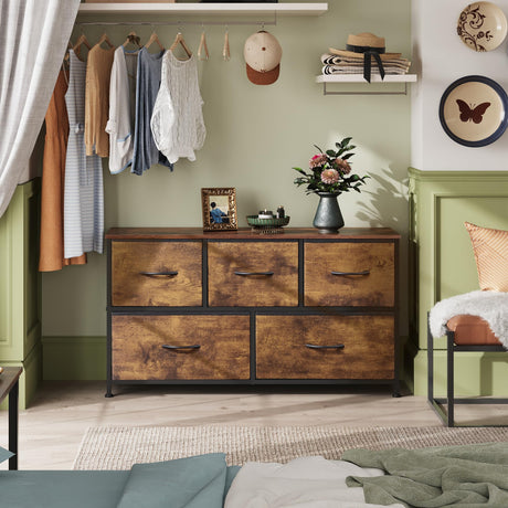 WLIVE Dresser for Bedroom with 5 Drawers, Wide Chest of Drawers, Fabric Dresser, Storage Organizer Unit with Fabric Bins for Closet, Living Room, Hallway, Rustic Brown Wood Grain Print WLIVE