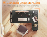 ODK 40 Inch Small L Shaped Gaming Computer Desk with Power Outlets, Reversible Storage Shelves & PC Stand for Home Office, Simple Writing Study Table with Storage Bag for Small Space, Black ODK