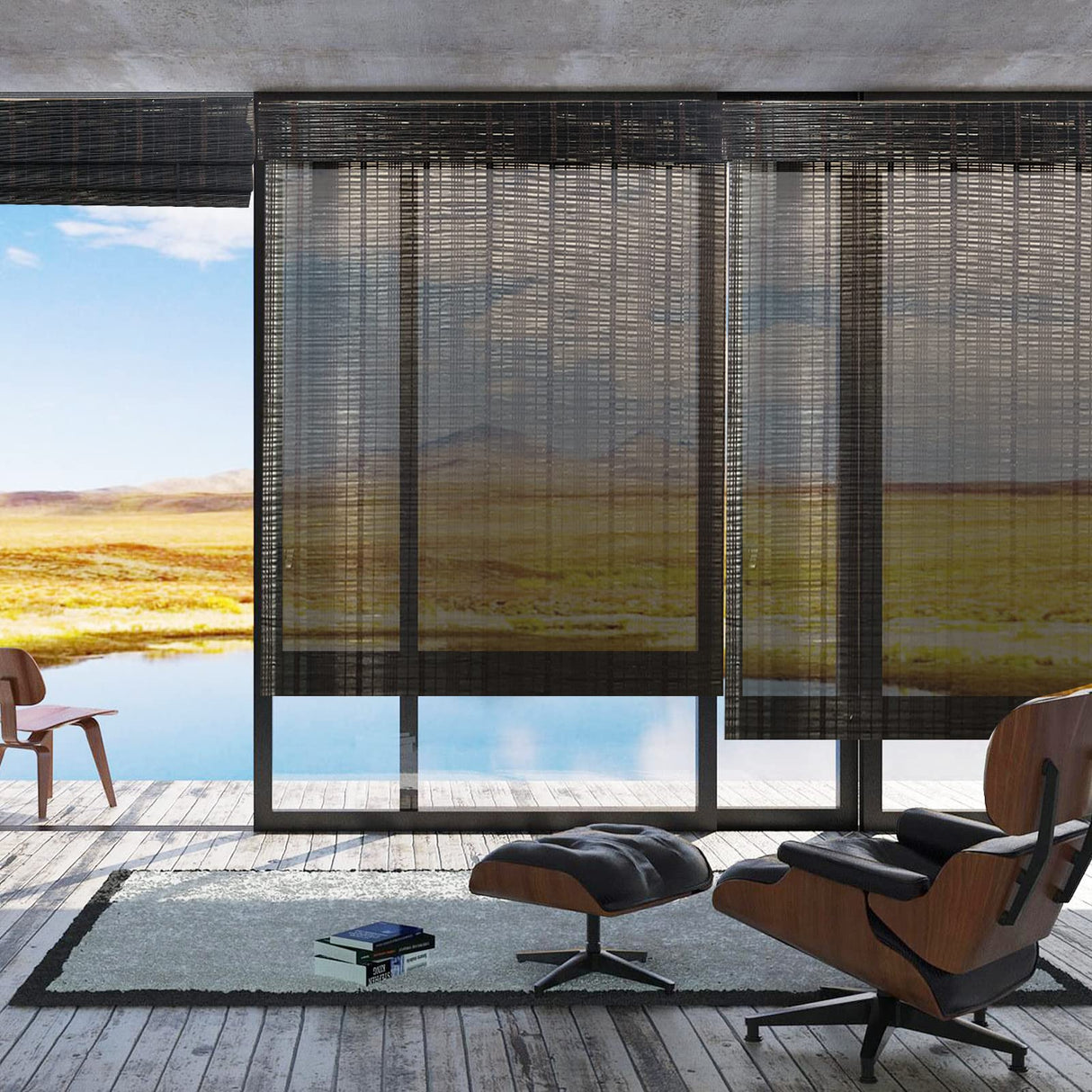 LANTIME Wood Cordless Window Shades, Lined Blackout Bamboo Roman Shades Blinds, JP Black LANTIME