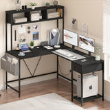 Yoobure L Shaped Desk Gaming Desk with LED Strip & Power Outlet, Reversible L-Shaped Computer Desk with Drawer, Corner Desk with Storage Shelf, 2 Person Home Office Desk, Carbon Fiber Black Yoobure