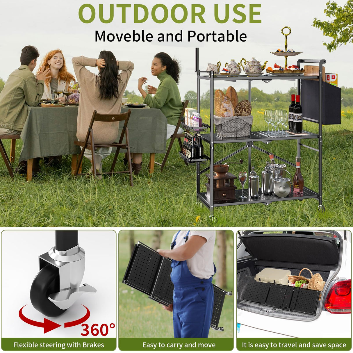 DTUQYX Foldable Outdoor Grill Cart with 3-Tier,Grill Cart,Grill Table for Outside with 2 Total Lock Casters，Pizza Oven Stand Table，Rolling BBQ Table and Folding Kitchen Island, Black DTUQYX