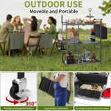 DTUQYX Foldable Outdoor Grill Cart with 3-Tier,Grill Cart,Grill Table for Outside with 2 Total Lock Casters，Pizza Oven Stand Table，Rolling BBQ Table and Folding Kitchen Island, Black DTUQYX