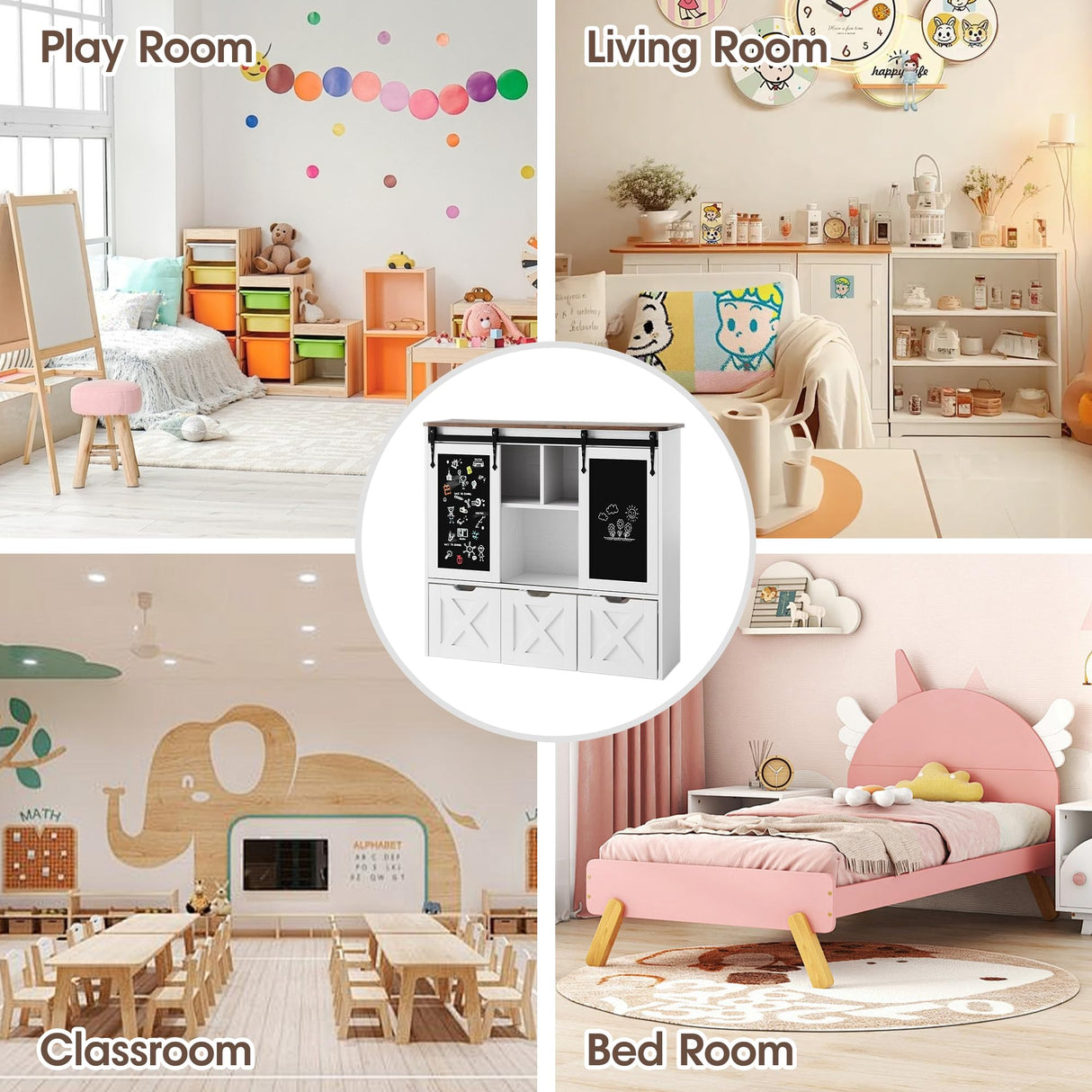 Vabches Toy Storage Organizer with Sliding Blackboard, Kids Bookshelf and Bookcase with 3 Movable Drawers & 5 Storage Cubbies, Multifunctional Storage Cabinet Toy Chest for Playroom,Nursery, Kids Room Vabches