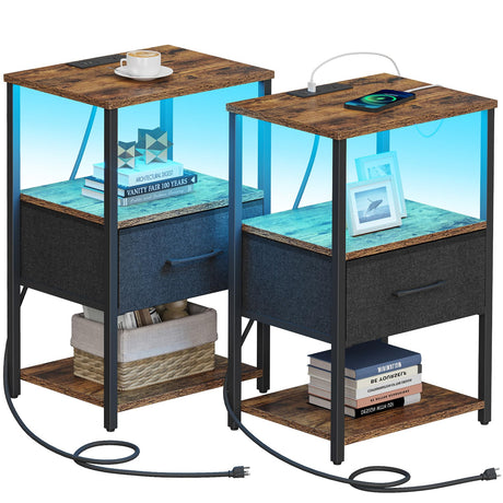 TUTOTAK LED End Table, Side Table with Charging Station, Nightstand Set of 2, Bedside Table with Fabric Drawer, Couch Table for Livingroom and Bedroom, Brown TB01BB0692L TUTOTAK