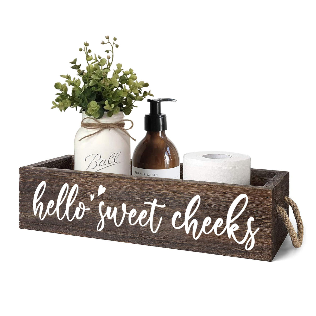 DOFAFALA MayAvenue Farmhouse Bathroom Decor Box Hello Sweet Cheeks Double Sided Wooden Toilet Paper Holder Tissue Box with Handles, Bathroom Signs (Brown) DOFAFALA
