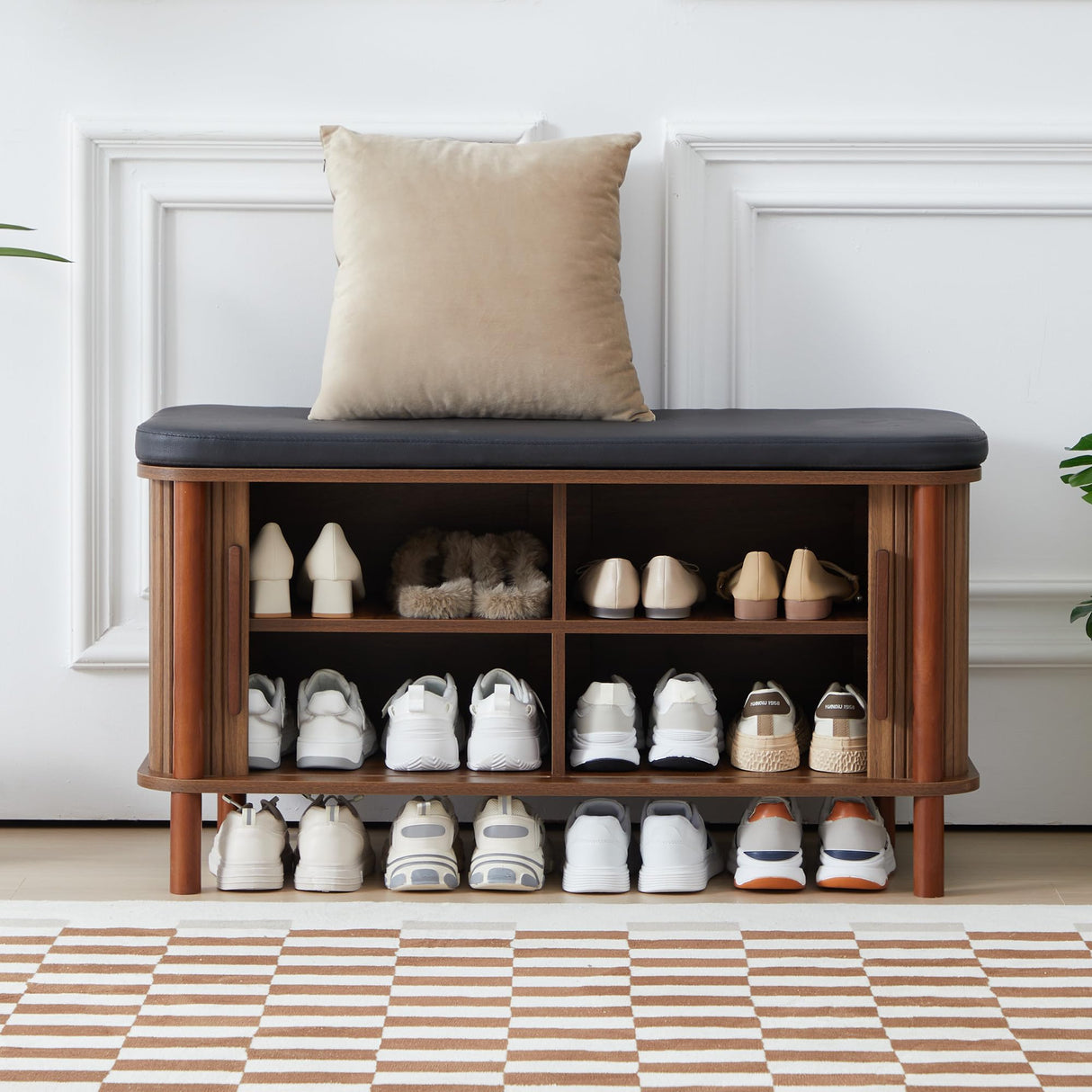 QEIUZON Shoe Bench, Entryway Shoe Cabinet with Leather Cushion and Sliding Door, Modern Shoe Storage Organizer for Living Room, Hallway (Walnut) QEIUZON